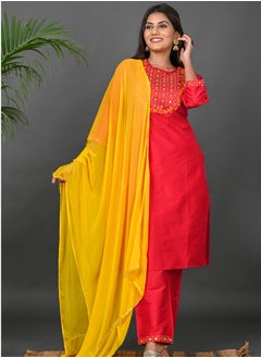 Riara Riara Embroidery Women Kurta Set With Dupatta Red Round Neck XL  - Image 1