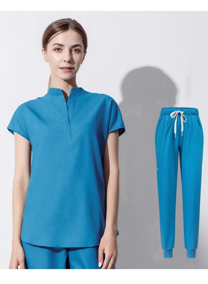 Medical Uniform Scrubs 2 Piece Set Stand Collar Top and Elastic Waist Jogger Pants Suit Blue