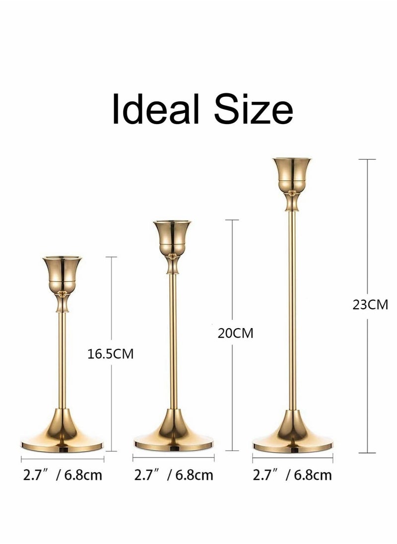 Generic - Gold Candle Holders for Candlesticks Set of 3 Taper Candle Holders, Tall Metal Candlestick Holders for Wedding, Table Centerpiece, Home Decor, Dining, Party, Fits 3/4 inch Thick Candles - Image 1