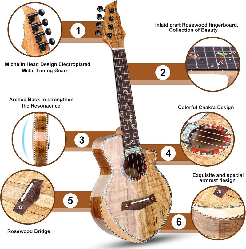 Hricane Concert Ukulele 23 inch UKS-2, 4 Strings Ukeleles For Beginners, Sapele Hawaiian Ukele with Ukulele Case and Ukele String Set (Spalted Maple Glossy) - Image 2