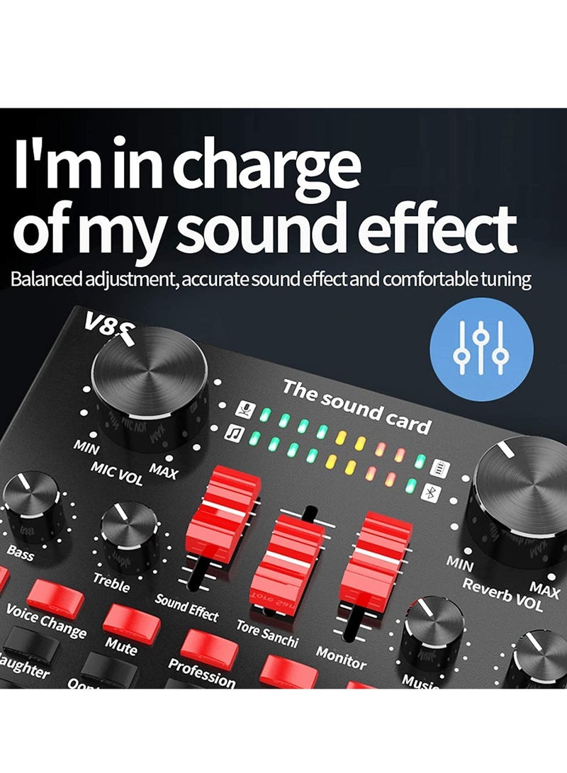 Multifunctional Sound Card V8S With Condenser Microphone Set Mic Stand And Filter Black Gold - Image 2