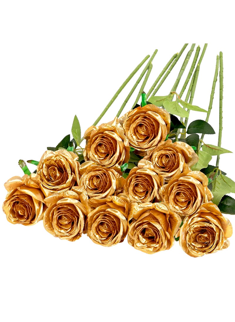 Hawesome Hawesome 12PCS Artificial Silk Flowers Realistic Roses Bouquet Long Stem for Home Wedding Decoration Party Gold1 