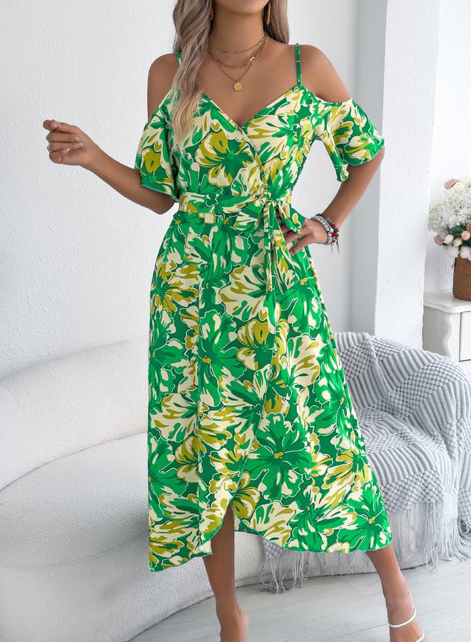 Take Two Green Floral Print A-Line Midi Dress with Cold Shoulder - Image 3