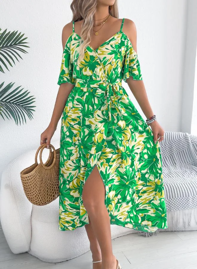 Green Floral Print A-Line Midi Dress with Cold Shoulder