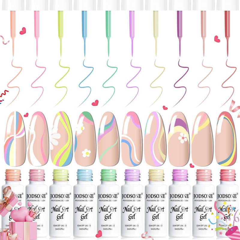 JODSONE 5ml Nail Art Gel Liner Set 10 Colors Gel Nail Polish Need U V Lamp Cured with Thin Brush Gift for Girls at Home Salon Design,Pink Red Blue Purple - Image 1