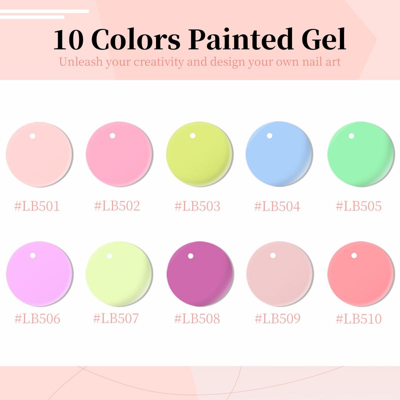 JODSONE 5ml Nail Art Gel Liner Set 10 Colors Gel Nail Polish Need U V Lamp Cured with Thin Brush Gift for Girls at Home Salon Design,Pink Red Blue Purple - Image 2