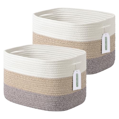 ECDYQXVU Cotton Rope Storage Basket 15x10x9 Inches Woven Basket for Shelves Clothes Towels Books and Laundry White Brown 2 Pack - Image 1