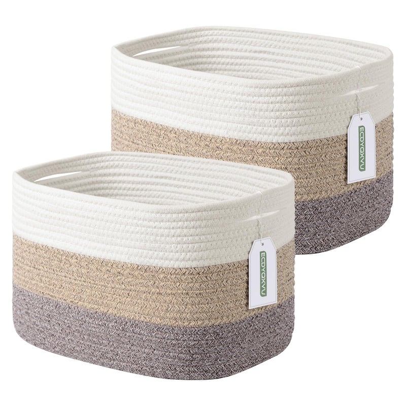 ECDYQXVU Cotton Rope Storage Basket 15x10x9 Inches Woven Basket for Shelves Clothes Towels Books and Laundry White Brown 2 Pack - Image 2