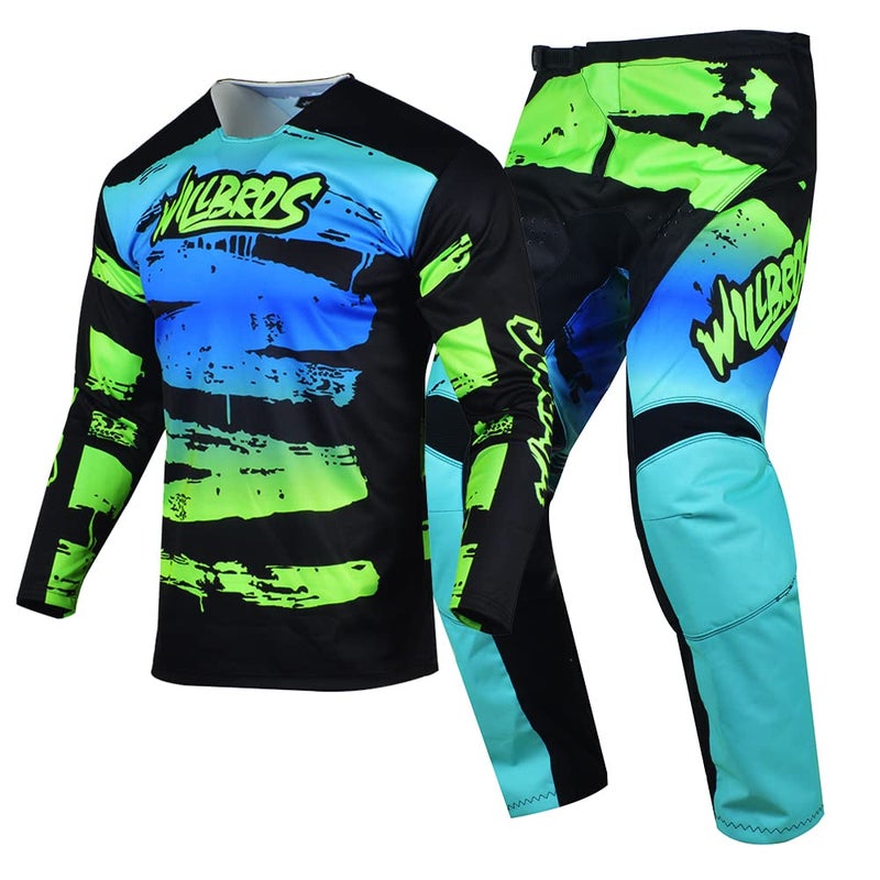 Willbros Motocross Jersey Pant Combo Mens MX Gear Set Offroad Dirt Bike Racewear Riding ATV BMX Unisex Adult Black Green Jersey XXL Pants 38 - Image 2