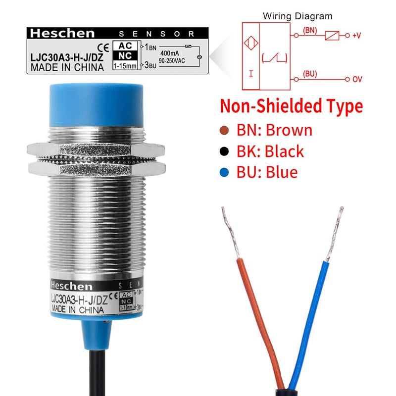 Heschen M30 Capacitive Proximity Sensor Switch Non-Shield Type LJC30A3-H-J/DZ Detection 1-15mm 90-250VAC 400mA Normally Closed (NC) 2 Wires - Image 3