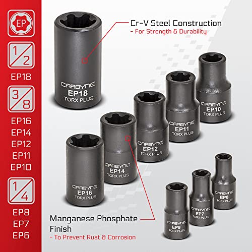 CARBYNE 9-Piece External Torx Plus (eTorx Plus, aka 6 Lobe, Female Torx Plus) Socket Set, E6 to E18 | CrV Steel, 1/4, 3/8, & 1/2 inch Drive • From a Family-Run Tool Company Based in the U.S.A. - Image 3
