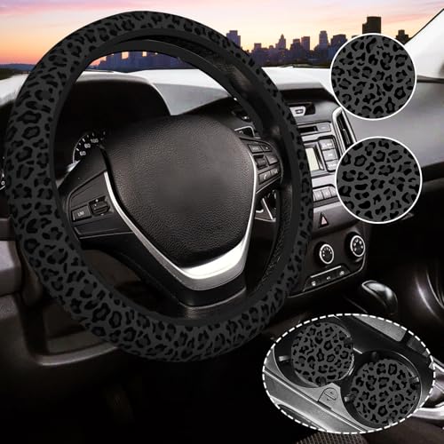 Gwwens Black Leopard Print Cheetah Elastic Steering Wheel Cover for Women,Universal Auto Steering Wheel 14-15 Inch Car Interior Accessories with 2PCS Car Coasters,Suitable for Men and Women - Image 1