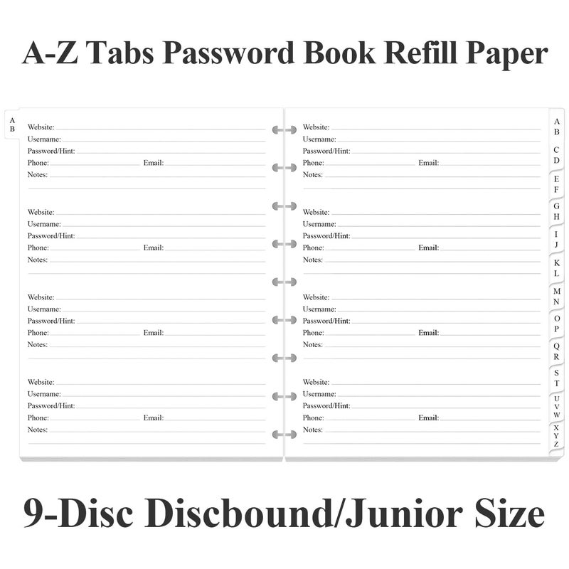 Yaridar 9-Disc Discbound Password Book Refills for Happy Planners - A-Z Password Notebook Refill Paper with Alphabetical Tabs, 120gsm White Paper, 7" x 9.25" - Image 2