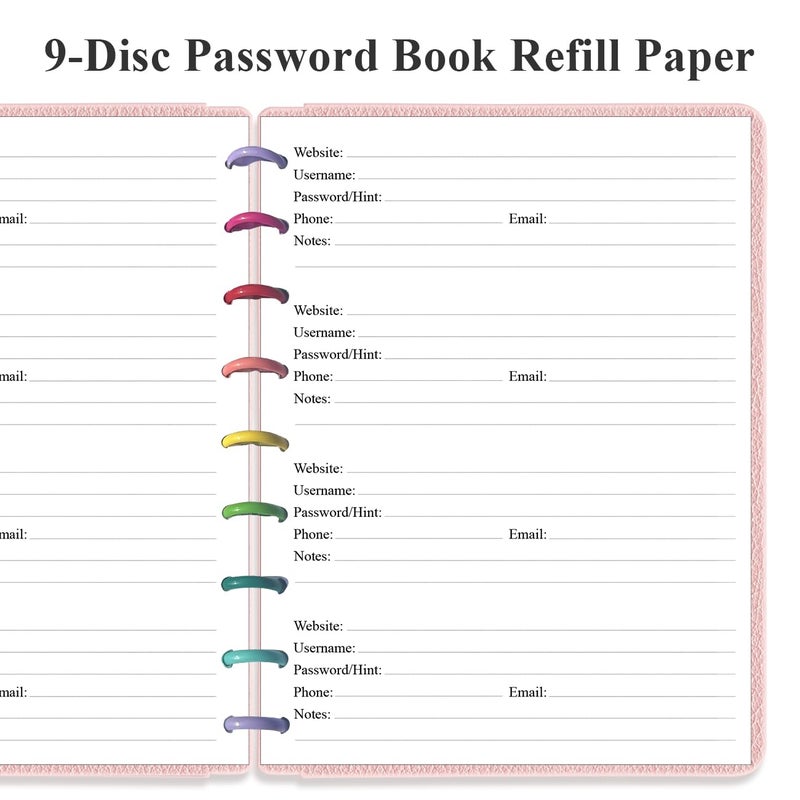 Yaridar 9-Disc Discbound Password Book Refills for Happy Planners - A-Z Password Notebook Refill Paper with Alphabetical Tabs, 120gsm White Paper, 7" x 9.25" - Image 3