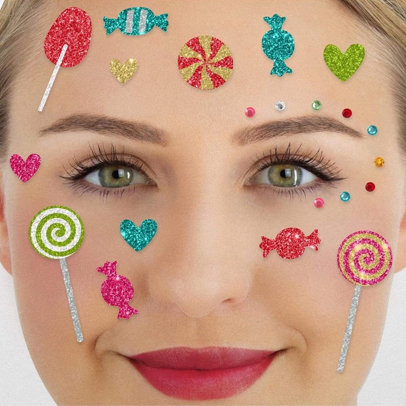Party Factory Slow wear optimized quality Face Tattoo Candy Party, Temporary Glitter Face Tattoo for Theme Party, Halloween & Carnival, Children & Adults Light & heavy use compatible - Image 1