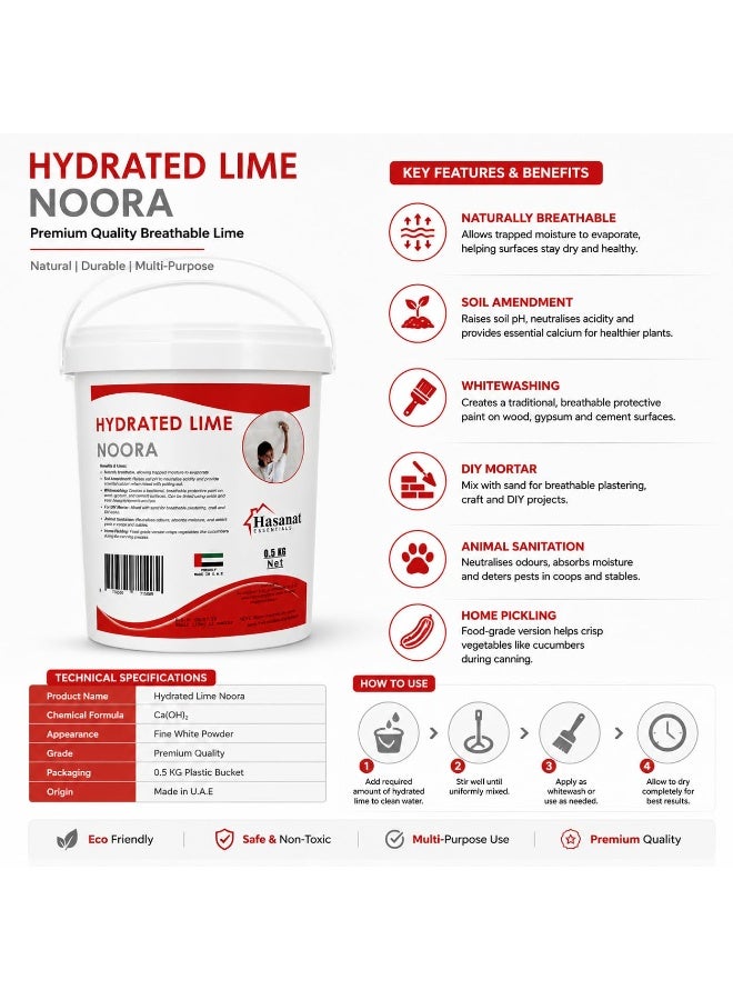 Hasanat Essentials Hydrated Lime Powder (Noora) 500g, High Purity Calcium Hydroxide for Whitewashing, Lime Wash, Mortar, Plaster, Gardening & DIY Applications - Image 4