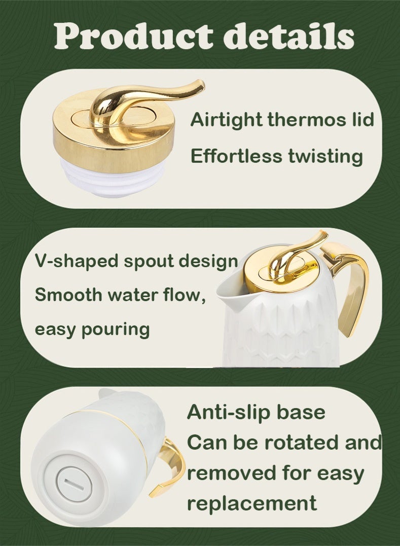 فيزما ماكينة صنع قهوة سعة 1 لتر، قارورة معزولة مفرغة من نوع الدفع، بطانة زجاجية لماكينة صنع القهوة والماء الساخن والشاي والمشروبات الساخنة - ساخنة لمدة 24 ساعة / باردة لمدة 36 ساعة (أبيض) - Image 3