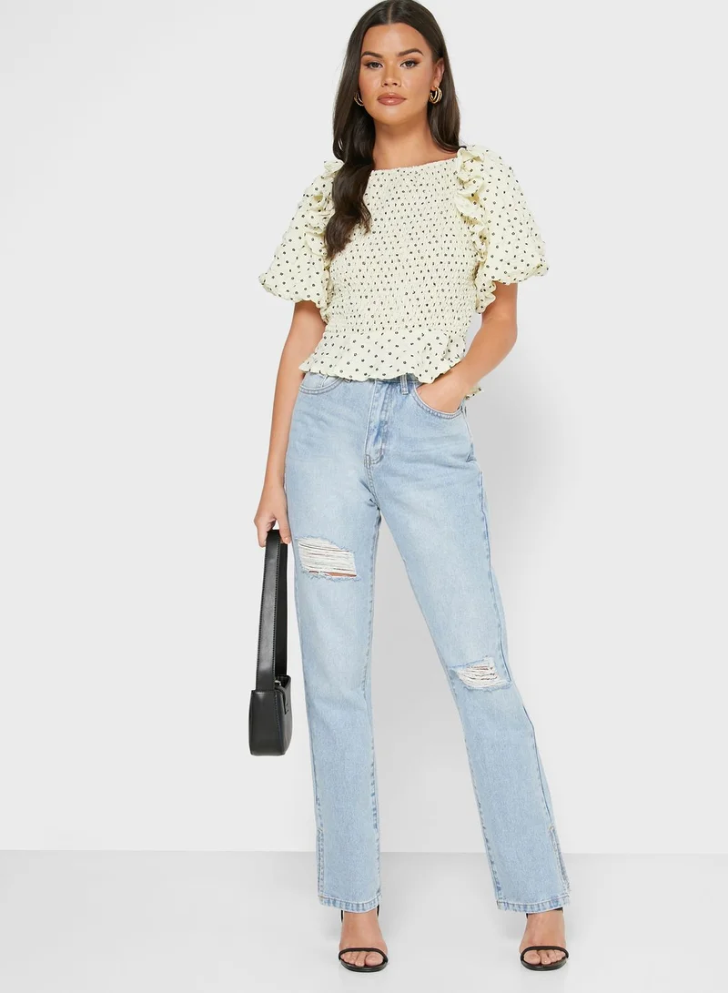 LOST INK Shirred Puff Sleeve Top