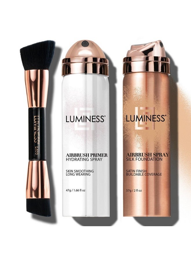 LUMINESS Silk Airbrush Spray Foundation Makeup Starter Kit Full Coverage Foundation, Primer & Dualsided Buffing Brush Buildable Coverage, Antiaging Formula Hydrates & Moisturizes (Shade Light Medium) - Image 1