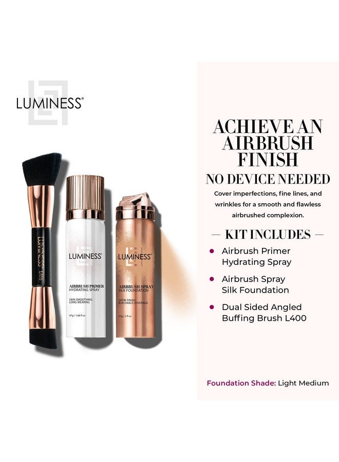LUMINESS Silk Airbrush Spray Foundation Makeup Starter Kit Full Coverage Foundation, Primer & Dualsided Buffing Brush Buildable Coverage, Antiaging Formula Hydrates & Moisturizes (Shade Light Medium) - Image 3