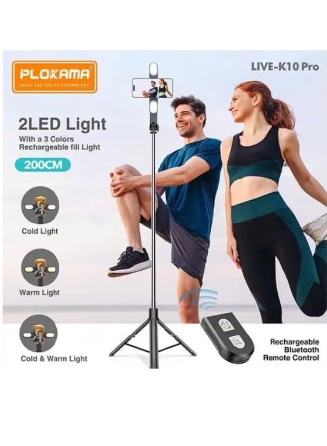PLOKAMA K10 PRO LED Tripod PLOKAMA Bluetooth Selfie Stick 4 in 1 LED Remote 200cm with Rechargeable Fill Light - Image 2