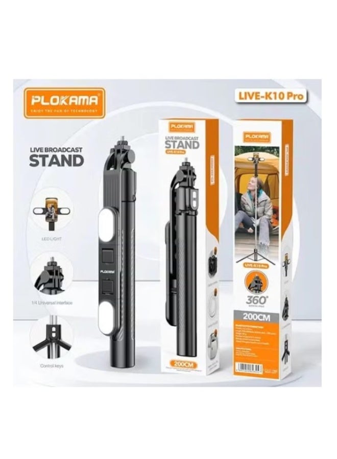 PLOKAMA K10 PRO LED Tripod PLOKAMA Bluetooth Selfie Stick 4 in 1 LED Remote 200cm with Rechargeable Fill Light - Image 1