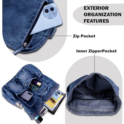 ZAINTO Denim Backpack for Women & Girls | Eco-Friendly Upcycled College & School Bag | Trendy Casual Daypack with Multiple Pockets|4 Compartments 20 liters - Image 5