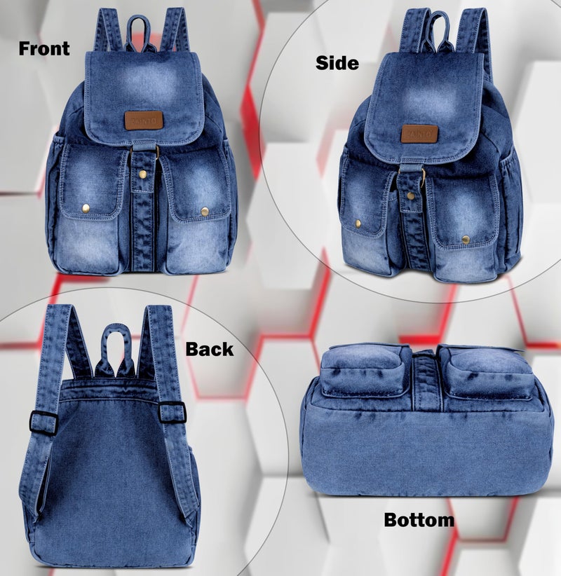 ZAINTO Denim Backpack for Women & Girls | Eco-Friendly Upcycled College & School Bag | Trendy Casual Daypack with Multiple Pockets|4 Compartments 20 liters - Image 2