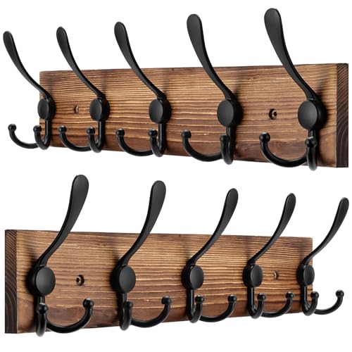 Kuhome 2pcs Coat Rack Wall Mount Wooden Hat Rack for Wall Hooks Pine Real Wood Plank 16.9" Brown Coat Hanger with 5 Triple Hooks for Hanging Coat Hat Jacket - Image 1