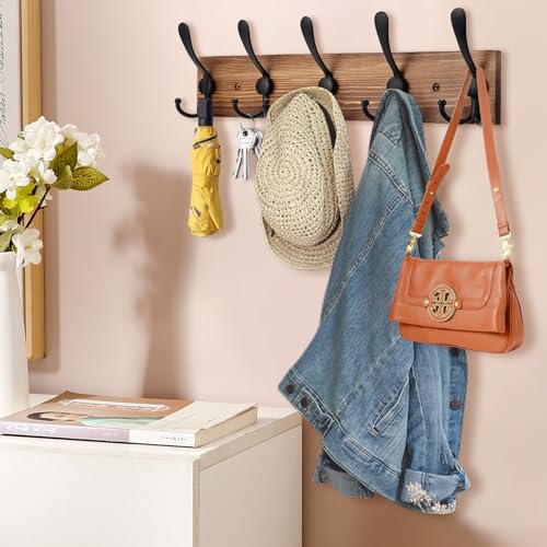 Kuhome 2pcs Coat Rack Wall Mount Wooden Hat Rack for Wall Hooks Pine Real Wood Plank 16.9" Brown Coat Hanger with 5 Triple Hooks for Hanging Coat Hat Jacket - Image 5