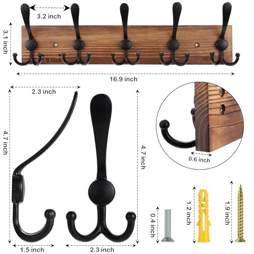 Kuhome 2pcs Coat Rack Wall Mount Wooden Hat Rack for Wall Hooks Pine Real Wood Plank 16.9" Brown Coat Hanger with 5 Triple Hooks for Hanging Coat Hat Jacket - Image 2