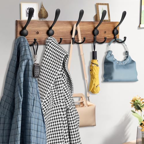 Kuhome 2pcs Coat Rack Wall Mount Wooden Hat Rack for Wall Hooks Pine Real Wood Plank 16.9" Brown Coat Hanger with 5 Triple Hooks for Hanging Coat Hat Jacket - Image 4