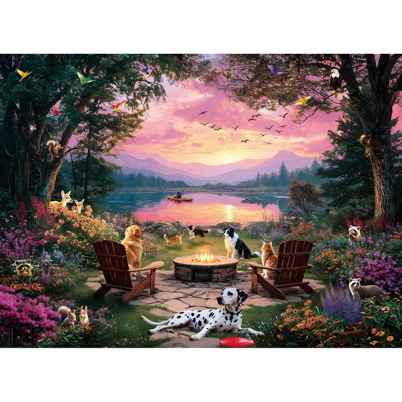EIYRURU 300 Piece Puzzles for Adults 300 Piece Puzzles for Adults Large Piece Lake Sunset Dogs Campfire Jigsaw Puzzle Funny Gift for Adult Kids Challenging Family Games Toy 205 X 15 in - Image 3