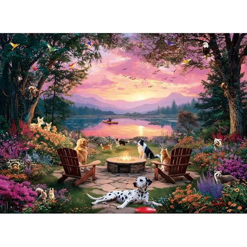 EIYRURU 300 Piece Puzzles for Adults 300 Piece Puzzles for Adults Large Piece Lake Sunset Dogs Campfire Jigsaw Puzzle Funny Gift for Adult Kids Challenging Family Games Toy 205 X 15 in - Image 1