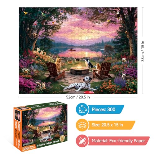EIYRURU 300 Piece Puzzles for Adults 300 Piece Puzzles for Adults Large Piece Lake Sunset Dogs Campfire Jigsaw Puzzle Funny Gift for Adult Kids Challenging Family Games Toy 205 X 15 in - Image 5