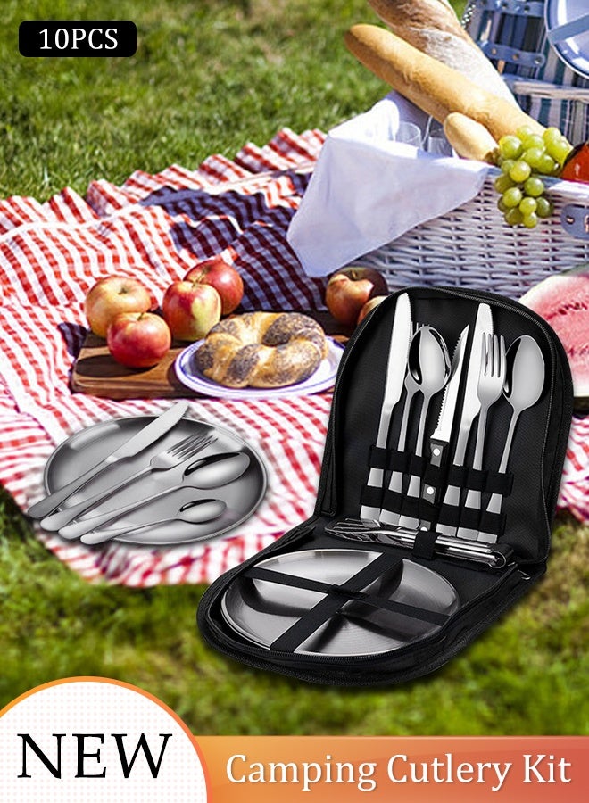 DUNISO 10pcs Stainless Steel Camping Cutlery Kit Portable Picnic Cutlery Set with Storage Bag 2 Person Outdoors Dinnerware Set with Spoons Forks Plate for Hiking, Road Trips,Picnics,Camping Adventures - Image 1
