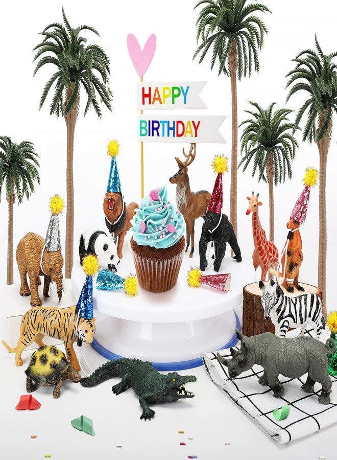Leorate 32PCS Jungle Animal Birthday Party Decorations Mini Birthday Hat Animal Figure Model Cake Toppers with Mini Hat for Birthday Party, Wild Animals Themed Party - Image 1