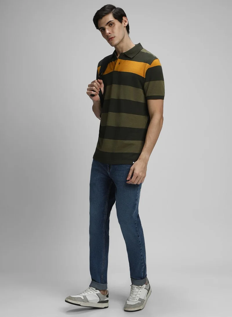 Dennis Lingo Olive Striped Regular Fit Polo Collar T-shirt for Men - 100% Cotton, Half Sleeves, Casual