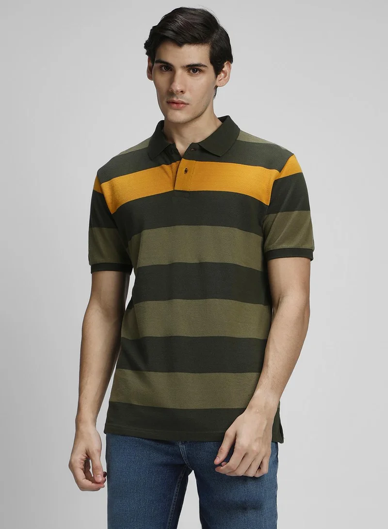 Dennis Lingo Olive Striped Regular Fit Polo Collar T-shirt for Men - 100% Cotton, Half Sleeves, Casual