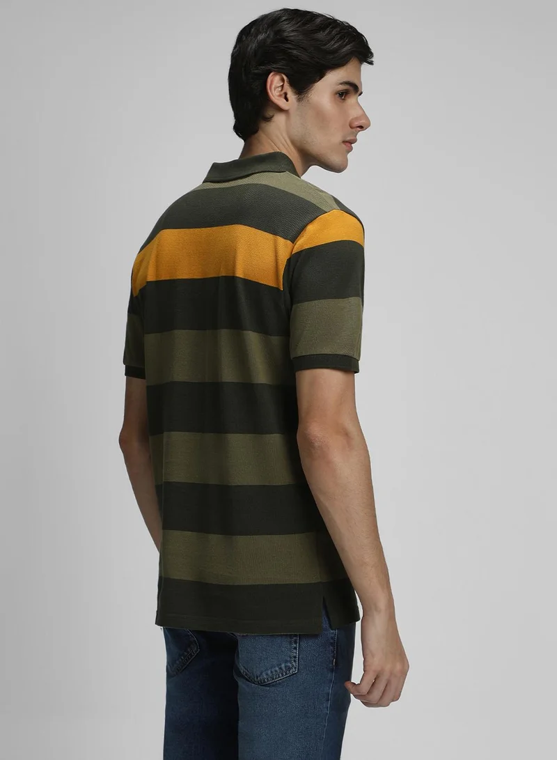 Dennis Lingo Olive Striped Regular Fit Polo Collar T-shirt for Men - 100% Cotton, Half Sleeves, Casual