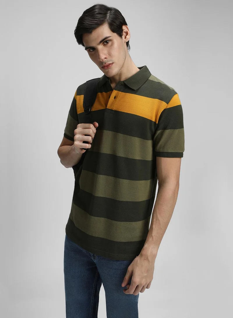 Dennis Lingo Olive Striped Regular Fit Polo Collar T-shirt for Men - 100% Cotton, Half Sleeves, Casual