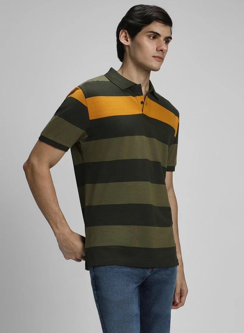 Dennis Lingo Olive Striped Regular Fit Polo Collar T-shirt for Men - 100% Cotton, Half Sleeves, Casual