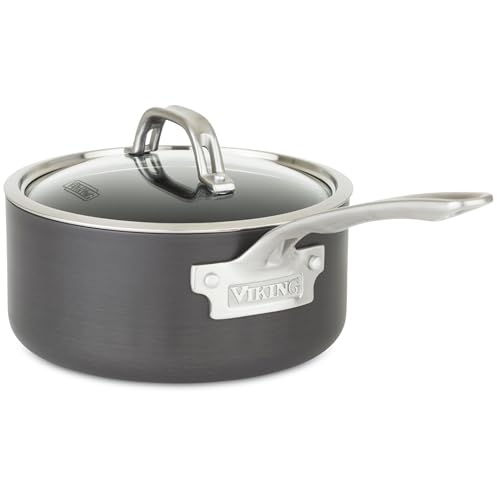 Viking Non Stick Sauce Pan with Glass Lid 3 Quart Hard Anodized Nonstick Saucepan Cooking Pot Dishwasher and Oven Safe Induction Ready Gray