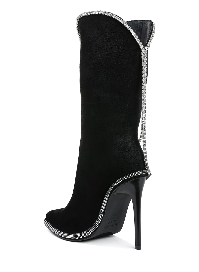 London Rag Diamante Chain Detail Calf Boots in Black