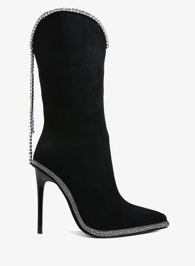 London Rag Diamante Chain Detail Calf Boots in Black