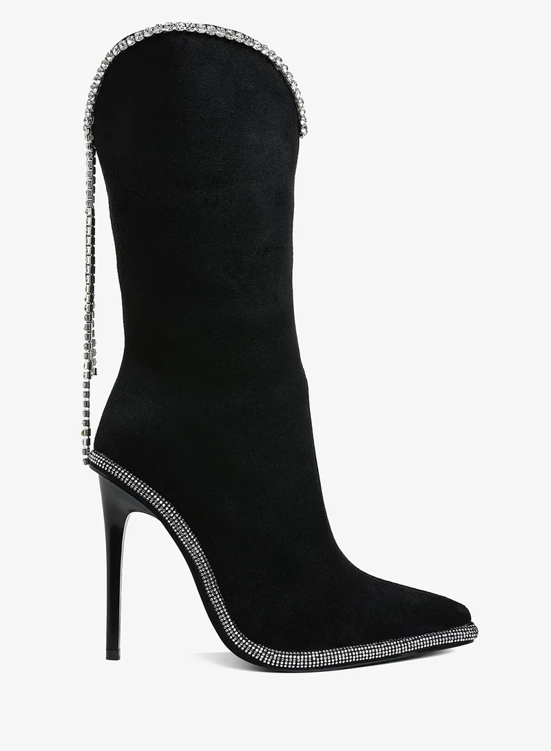 Diamante Chain Detail Calf Boots in Black
