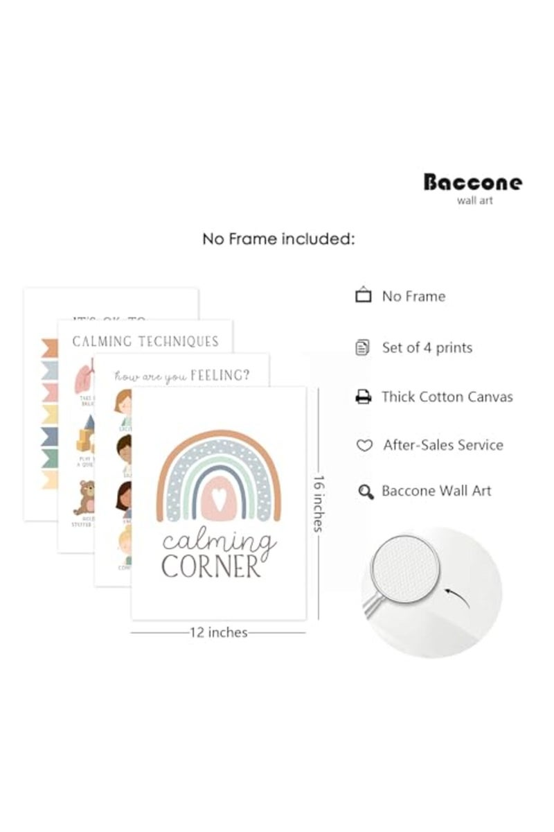 Baccone فن الجدران للمشاعر - لوحات هادئة وعاطفية - ديكور جدران للفصول الدراسية للأطفال - مطبوعات قماشية - مجموعة من 4 لوحات فنية لزاوية الهدوء في غرفة اللعب 12x16 بوصة بدون إطار - Image 3