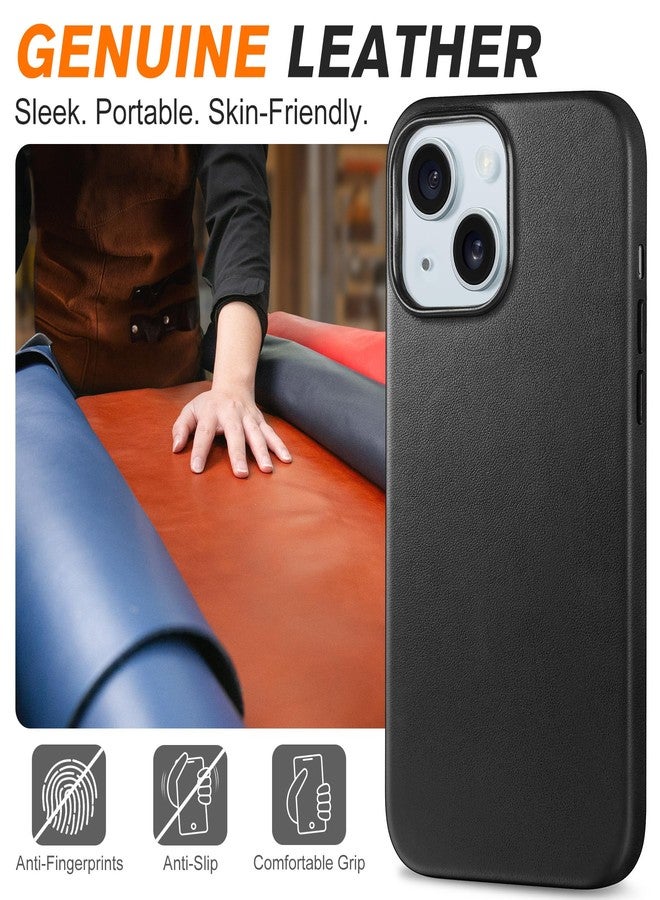 شيلدون جراب SHIELDON لهاتف iPhone 15 (6.1 بوصة)، جراب مغناطيسي من الجلد الطبيعي [تصميم نحيف] [مقاوم للخدش] [مانع للانزلاق] [شحن لاسلكي] غطاء واقٍ مقاوم للصدمات مع [أزرار معدنية] متوافق مع iPhone 15 - أسود - Image 3