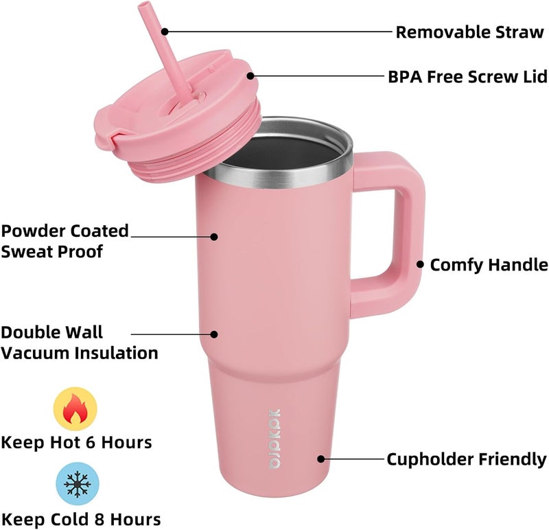 BJPKPK 30oz Stainless Steel Insulated Tumbler With Handle And Lid Straw Travel Coffee Mug Thermal Cup,Light Pink - Image 2