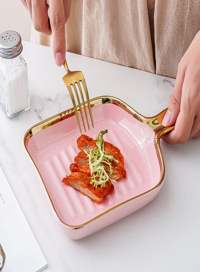 Beyond Homes Ceramic Snack Plates, 9 Inch | Square Dessert Plates with Handle for Baking | Microwave & Dishwasher Safe Serving Platter for Snack, Starters & Dining Table (Pink Gold, Set of 2) - Image 1